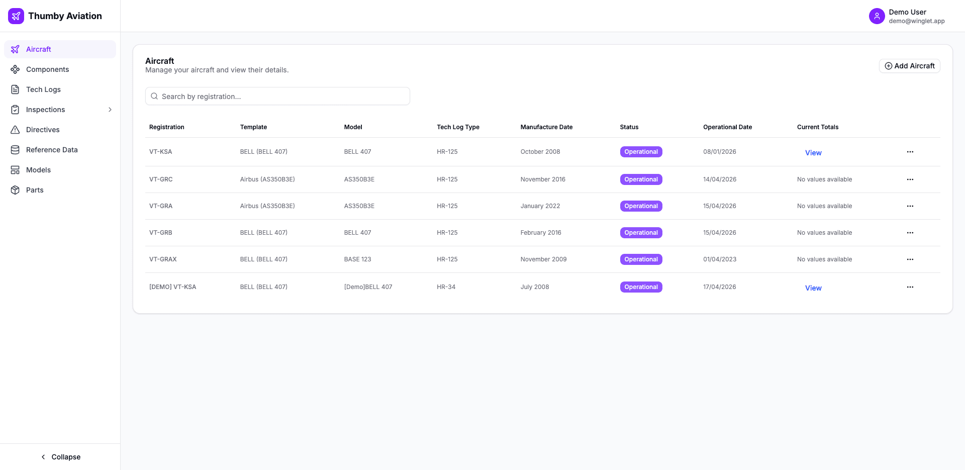CAMO Winglet aircraft fleet — listing Bell 407s and Airbus A350s with registration, model, tech log type, manufacture date, operational status and current totals