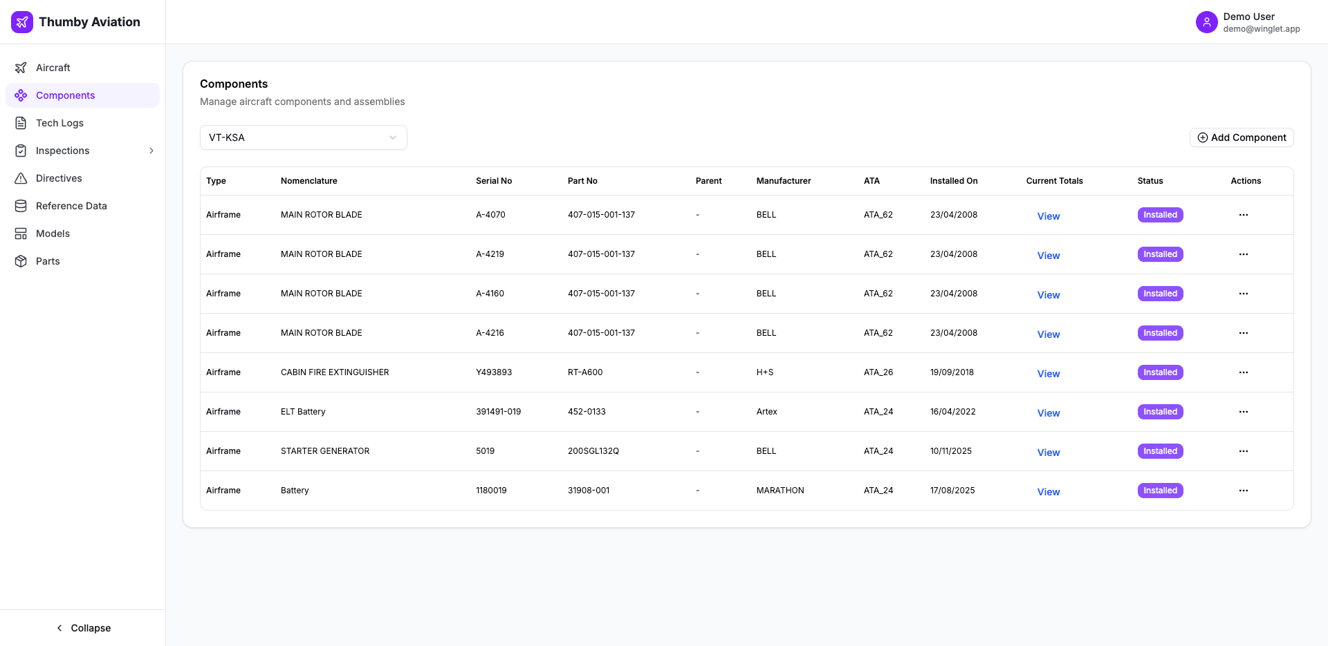 CAMO Winglet components page — VT-KSA airframe components with serial numbers, part numbers, ATA chapters, manufacturer and installed status