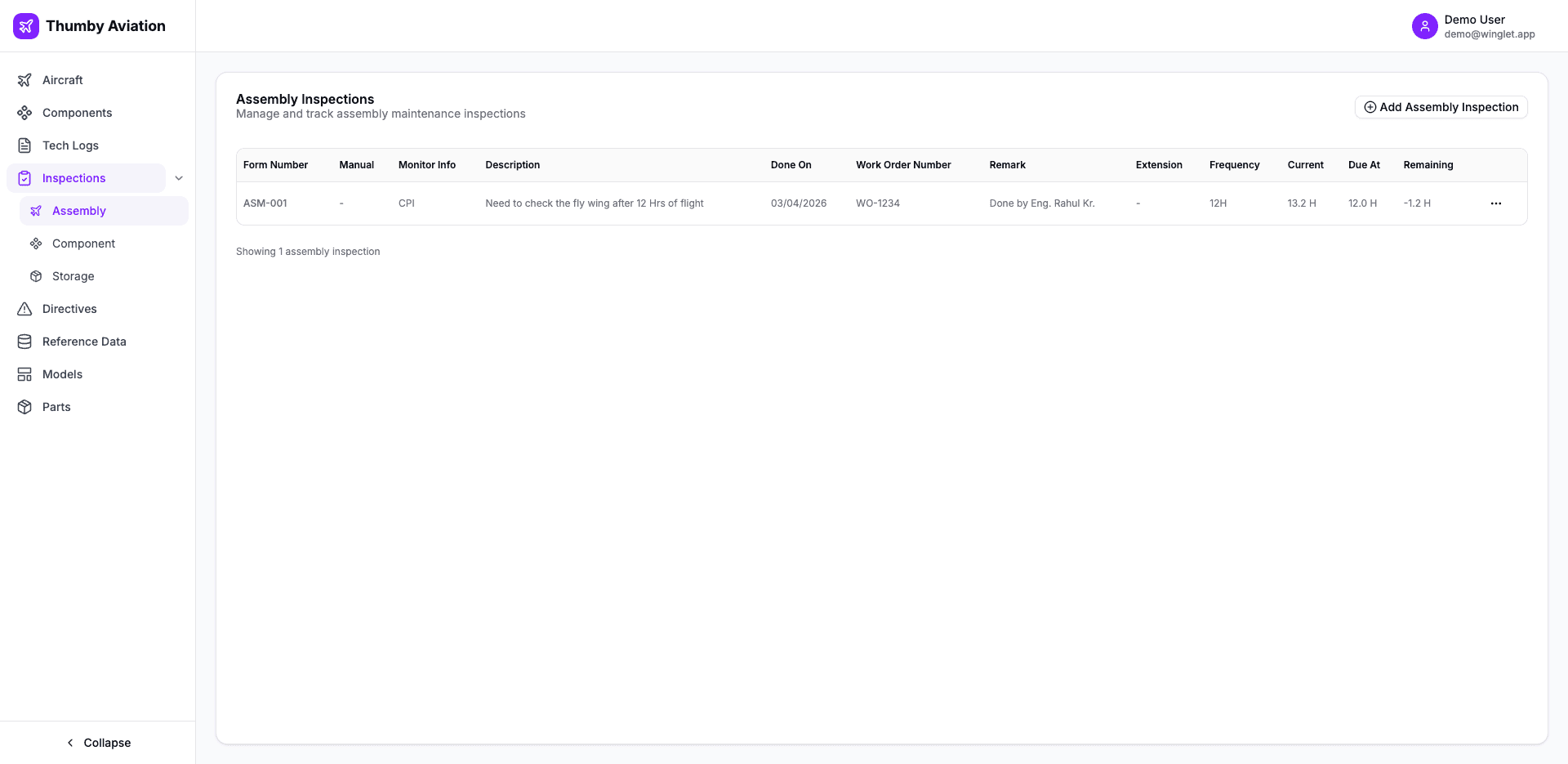 CAMO Winglet assembly inspections — ASM-001 CPI entry showing frequency 12H, current 13.2H, due 12H, remaining −1.2H (overdue)