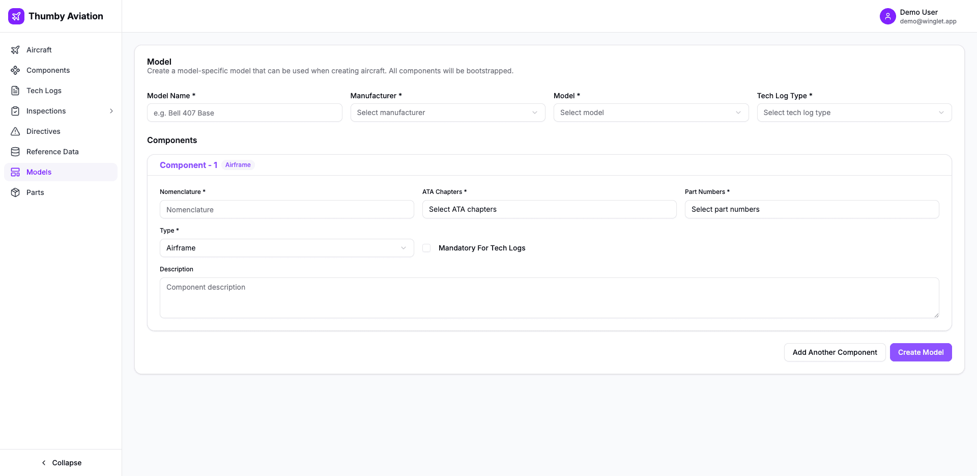 CAMO Winglet Models page — create aircraft model with ATA chapters, nomenclature, part numbers and Mandatory For Tech Logs flag; components auto-bootstrap on aircraft creation
