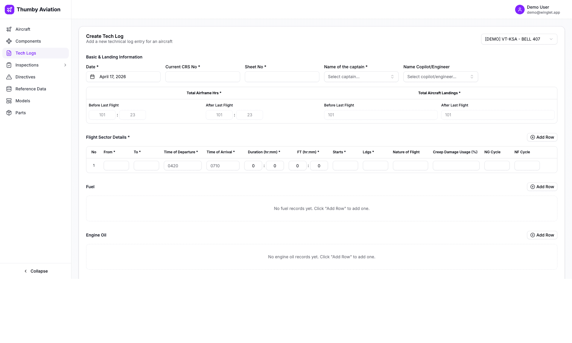 CAMO Winglet create tech log form — DGCA fields including airframe hours, landing cycles, flight sector details, fuel and engine oil for BELL 407