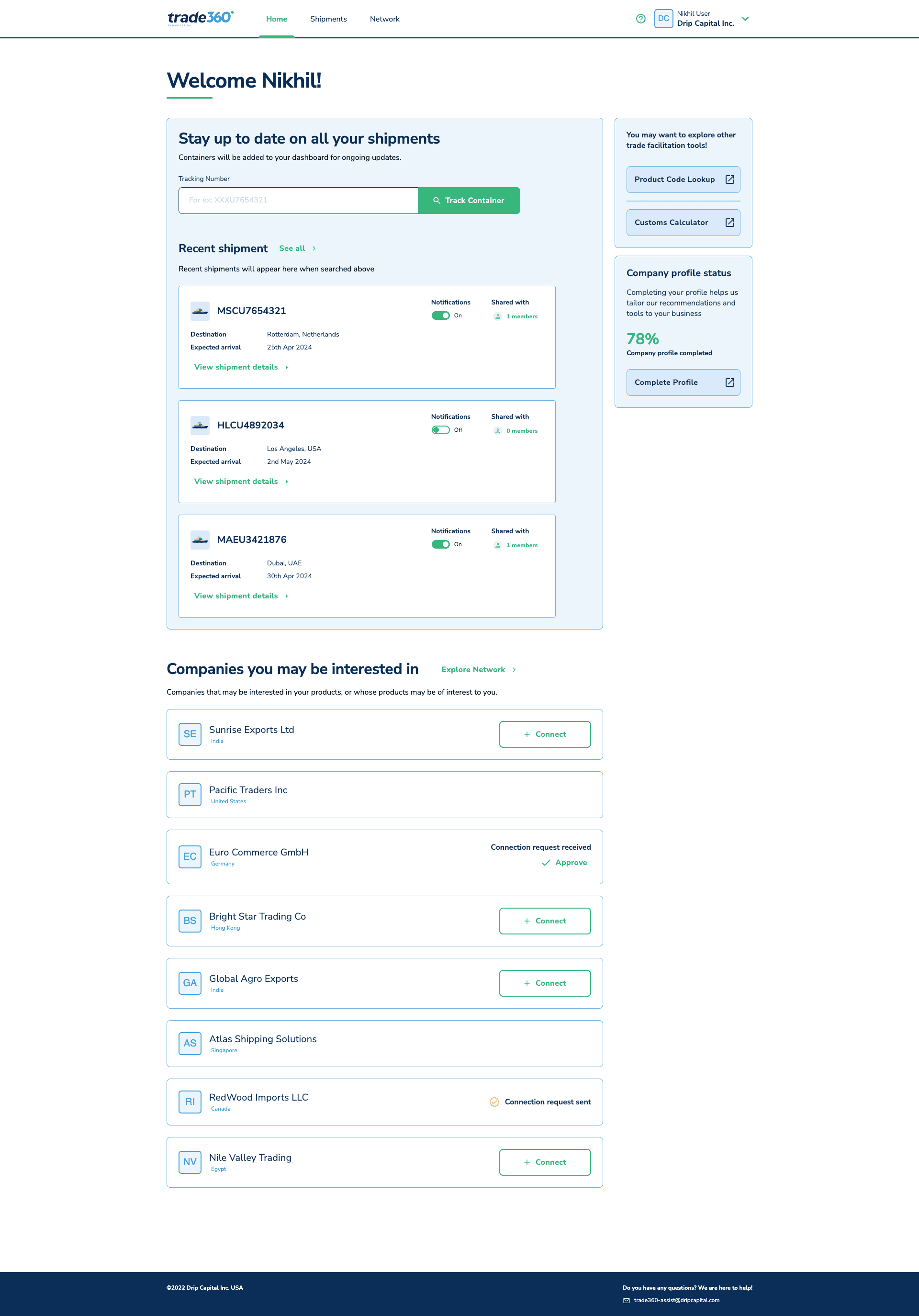 Trade360 home — recent shipments widget with container numbers, destinations and notification toggles; network discovery panel showing matched businesses