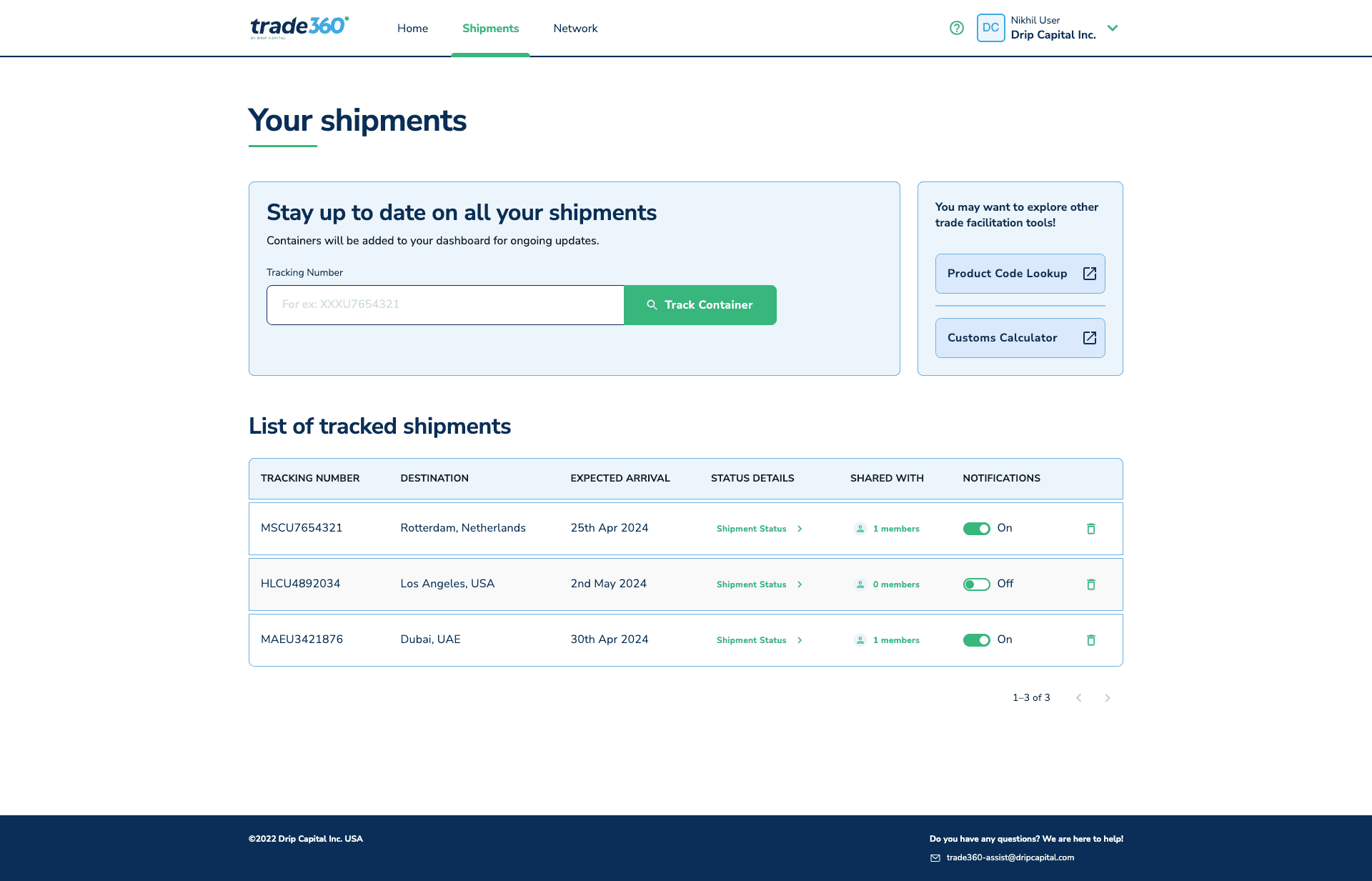 Trade360 shipments — list of tracked containers with tracking number, destination, expected arrival, shipment status, shared-with count and per-container notification toggle