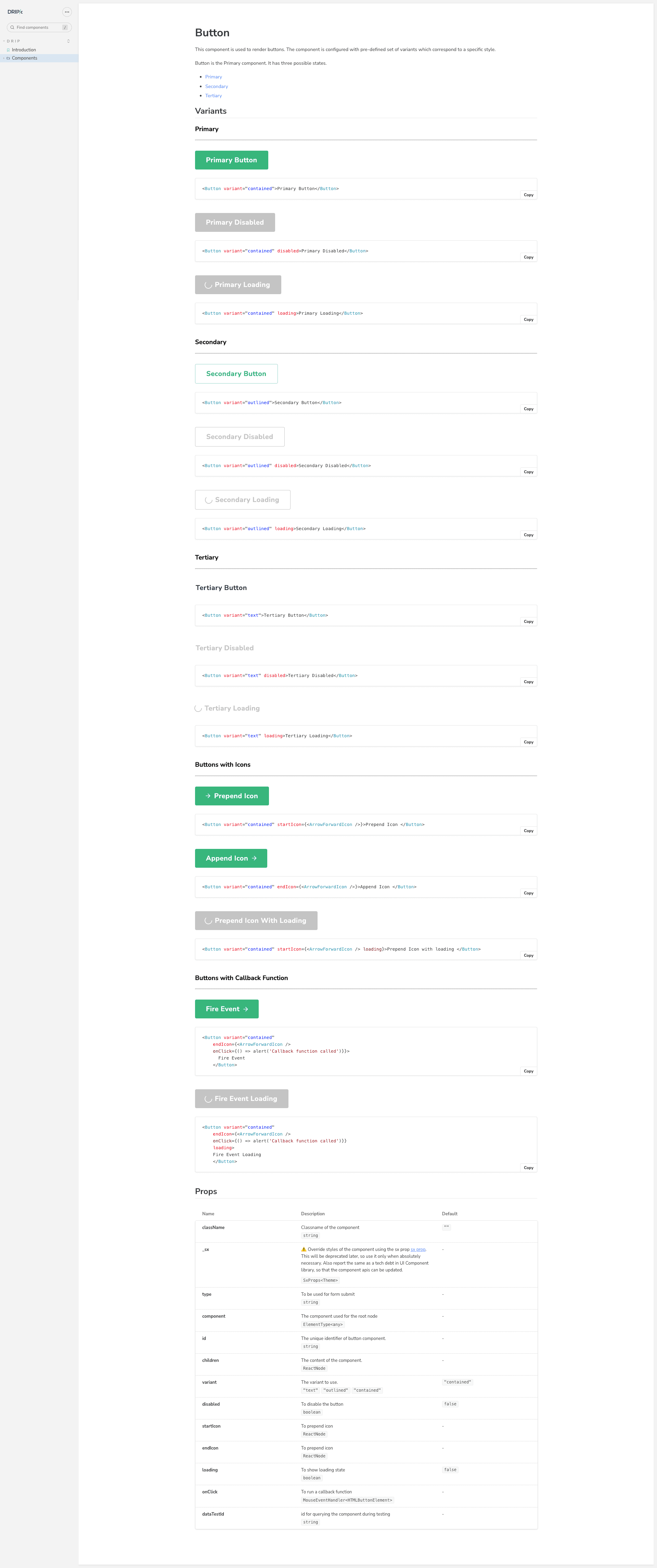 Drip UI Button component docs — Primary, Secondary, Tertiary variants with disabled, loading and icon states plus full props table