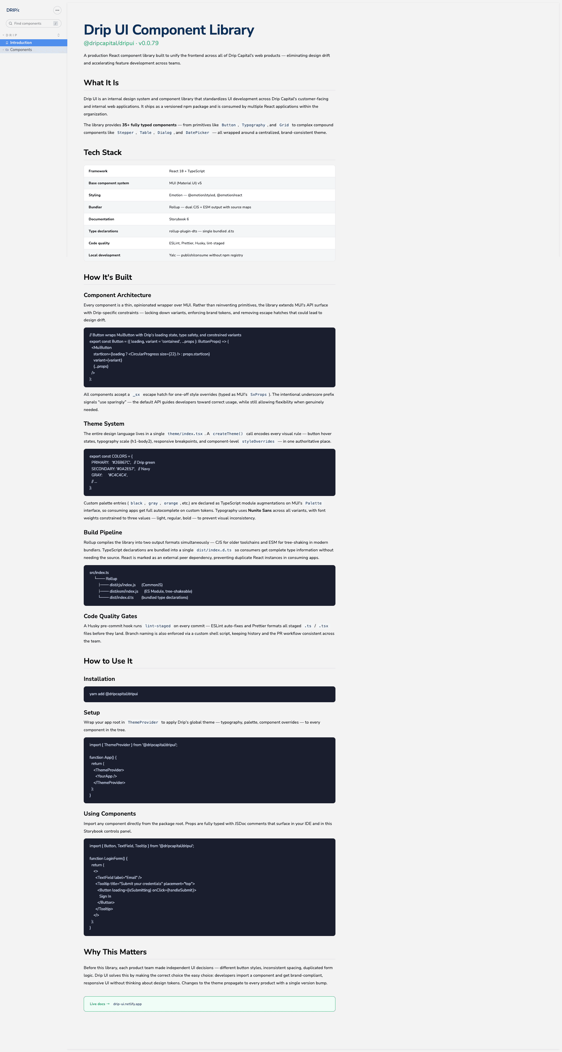 Drip UI Component Library Storybook intro — overview of the MUI 5 component system, tech stack, build pipeline and installation guide