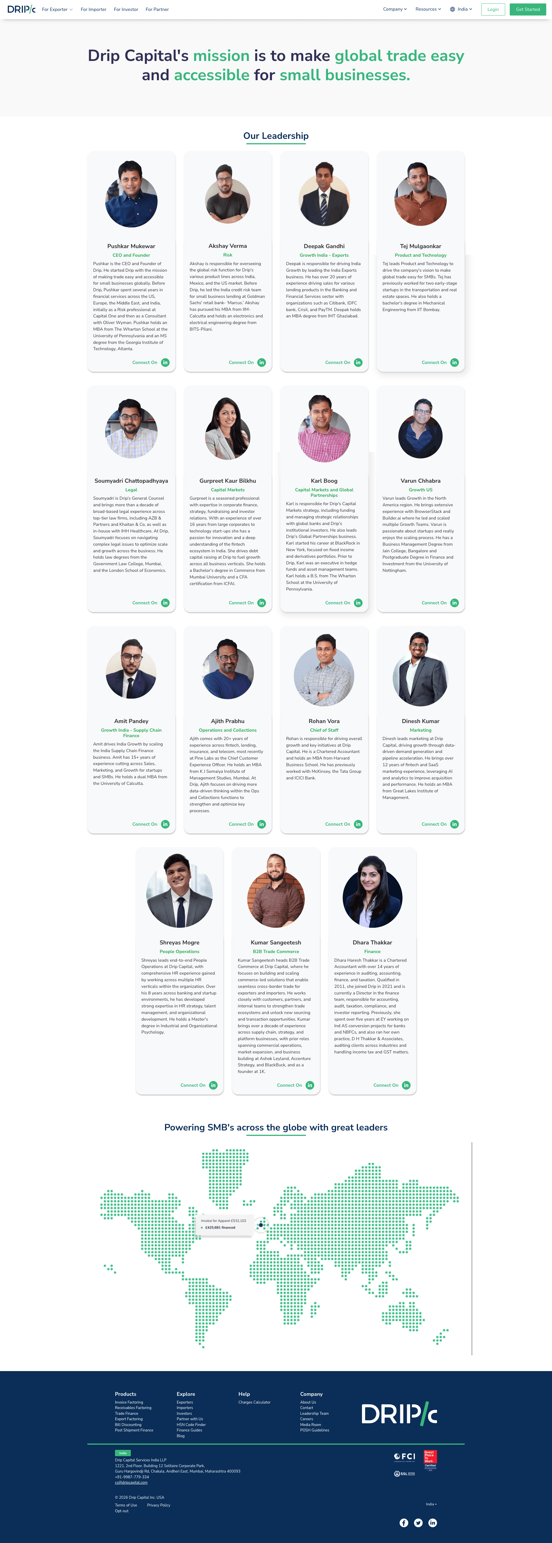 Drip Capital about page — mission 'to make global trade easy and accessible for small businesses', full leadership team grid with bios and world map showing global reach