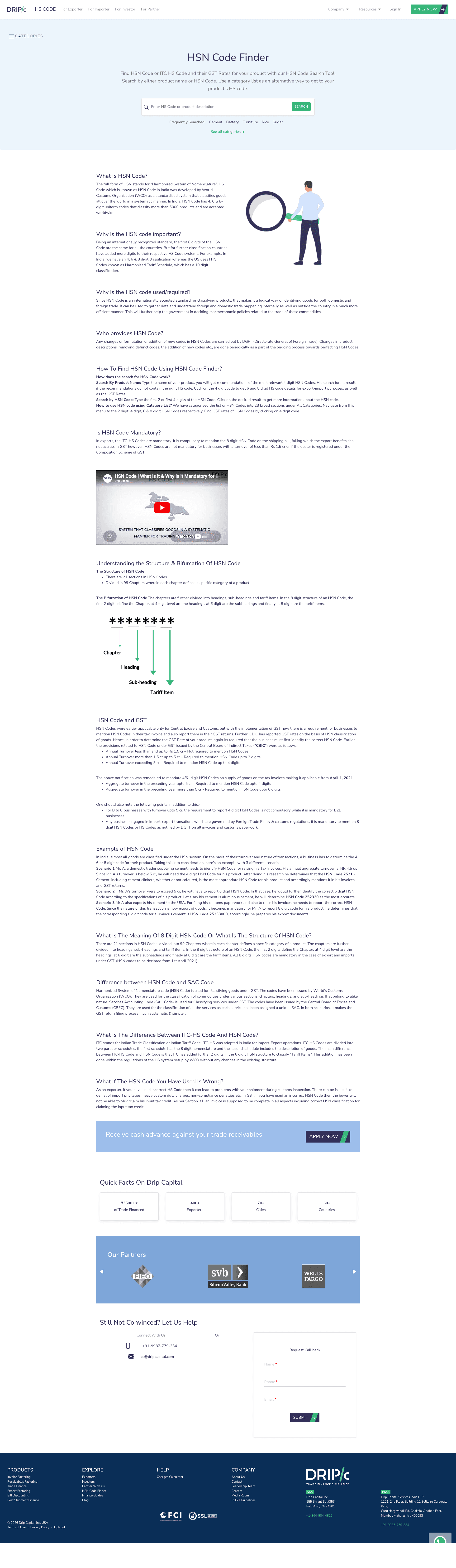 Drip Capital HSN Code Finder — SEO-optimised utility page explaining what HSN codes are, how to find them, structure breakdown and embedded video guide