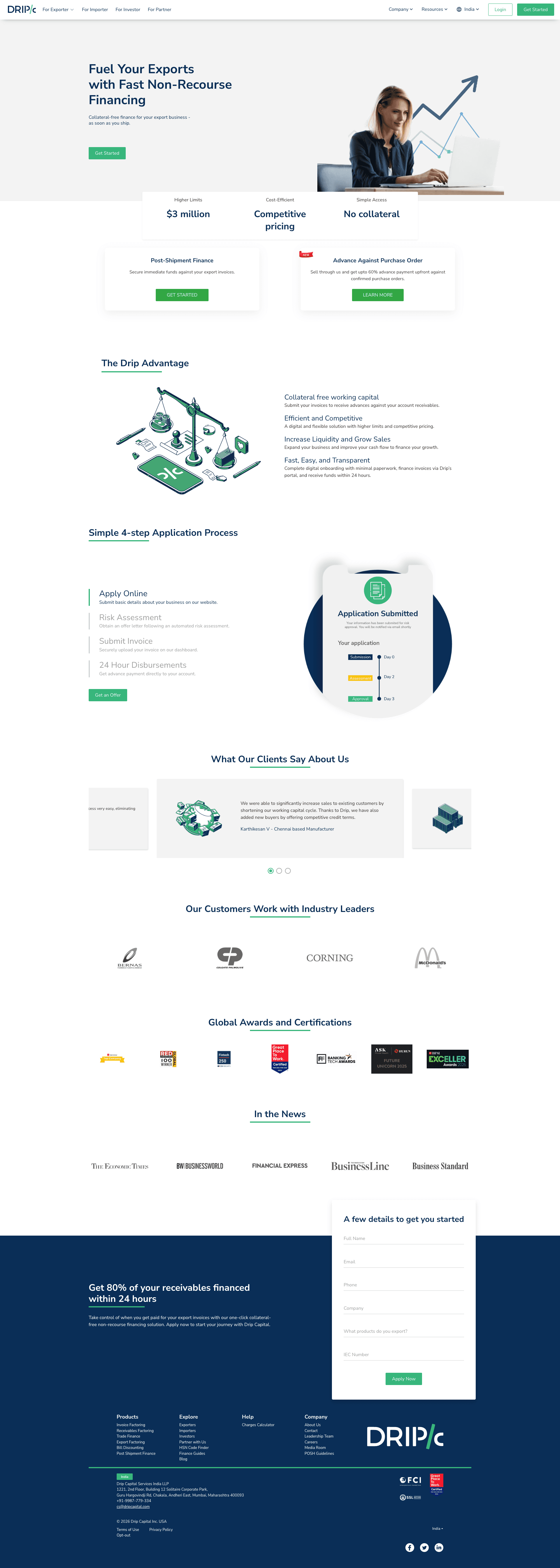 Drip Capital landing page — 'Fuel Your Exports with Fast Non-Recourse Financing', product highlights ($3M finance, competitive pricing, no collateral), 4-step application flow, client testimonials, partner logos and certifications