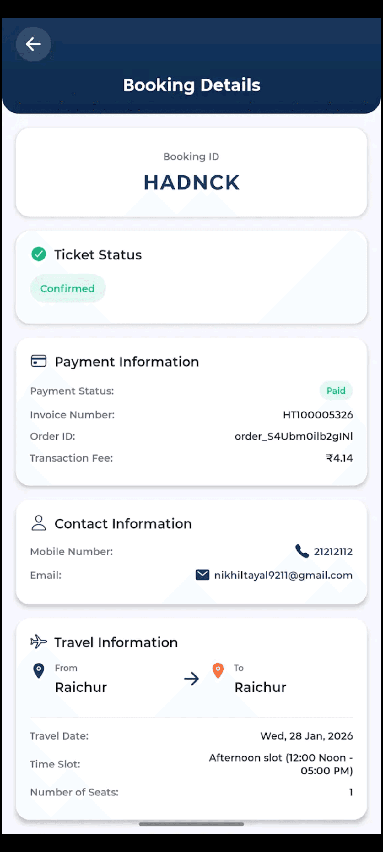 Ground Staff App — booking details screen with passenger info