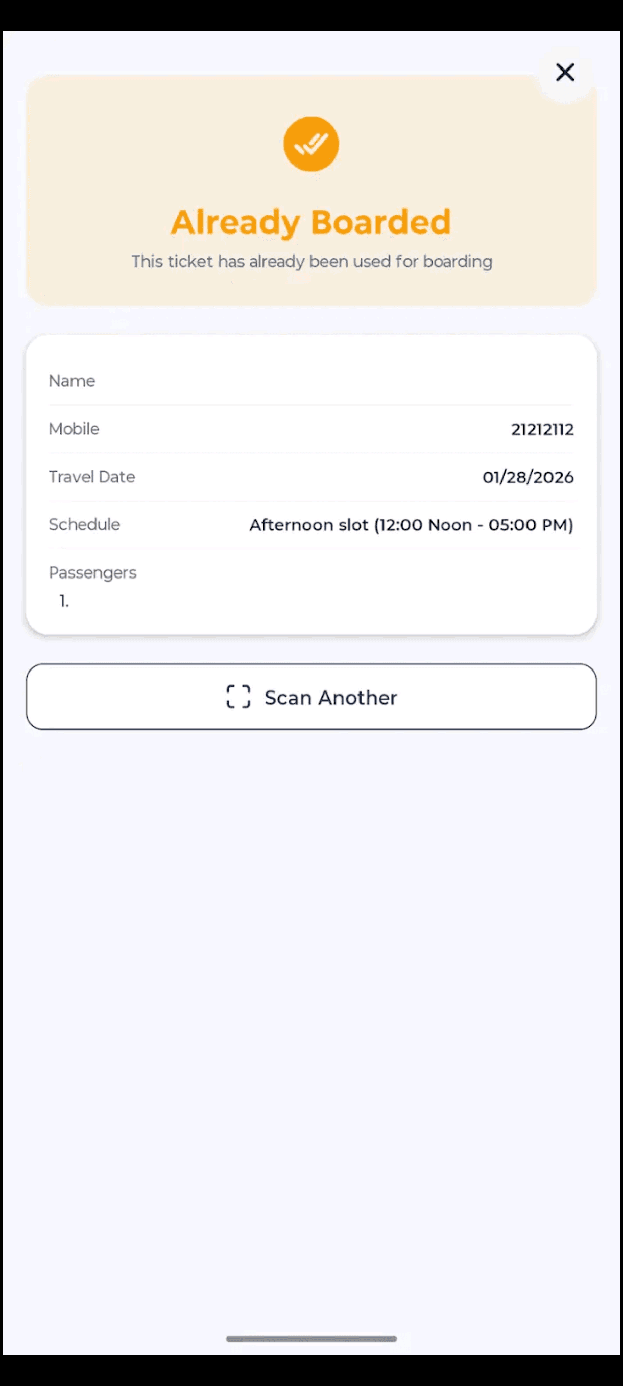 Ground Staff App — scanned ticket details with passenger and flight info