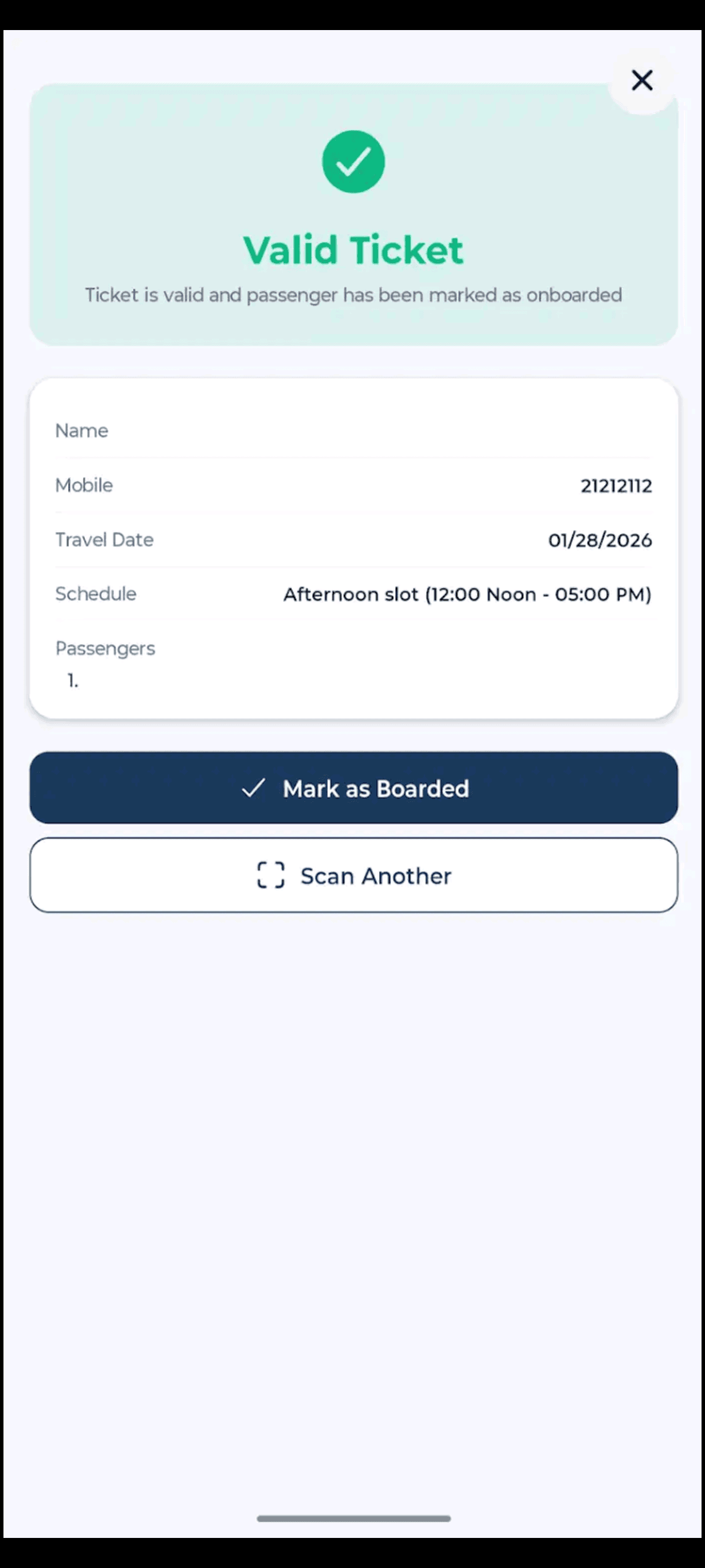 Ground Staff App — active ticket scanning with camera viewfinder