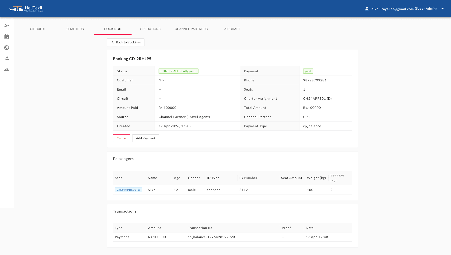 Helitaxii admin — booking detail view with passenger, payment and status info