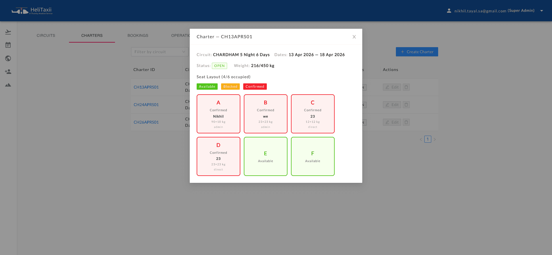 Helitaxii admin — charter booking detail view with passenger and flight info