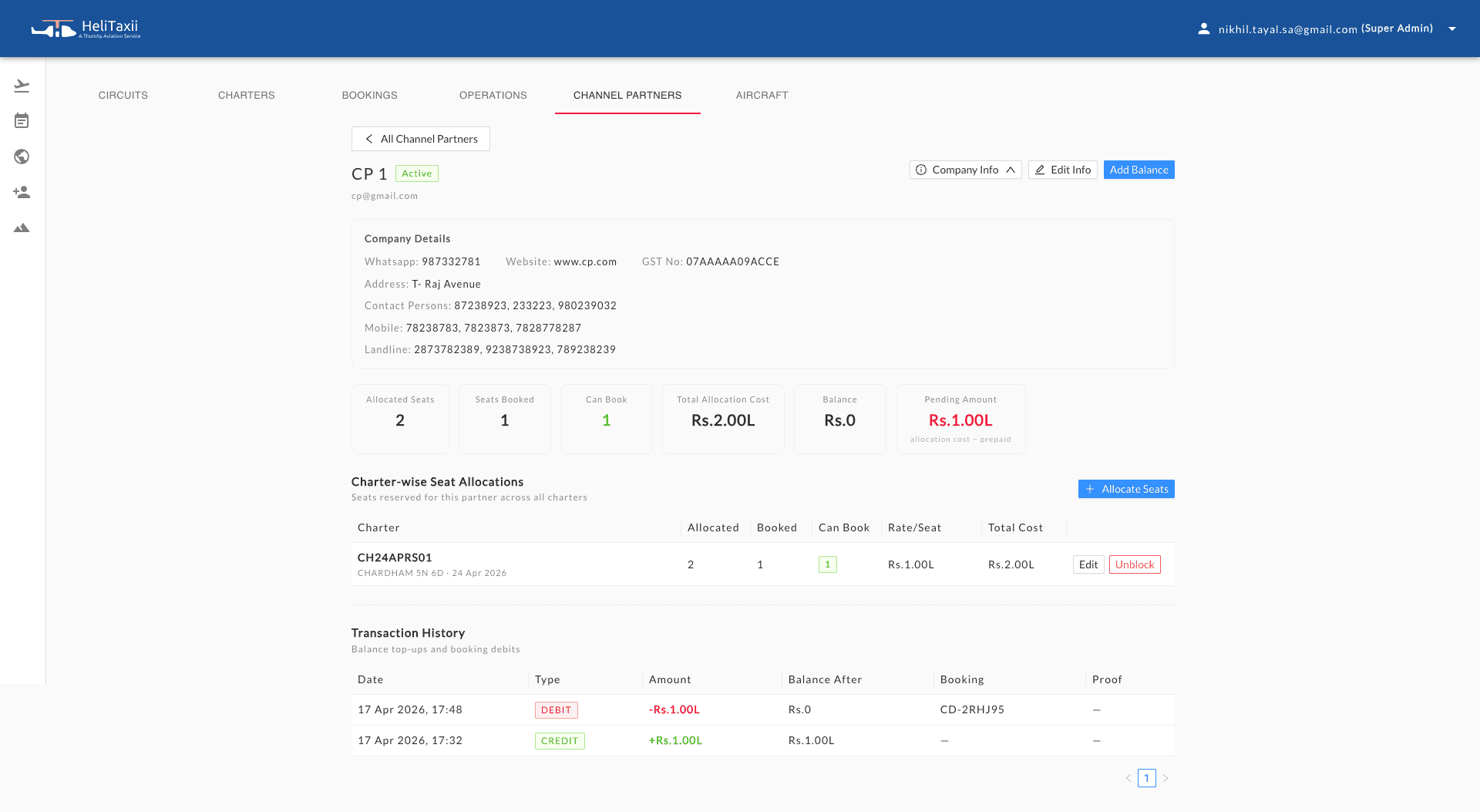 Helitaxii admin — channel partner configuration and details