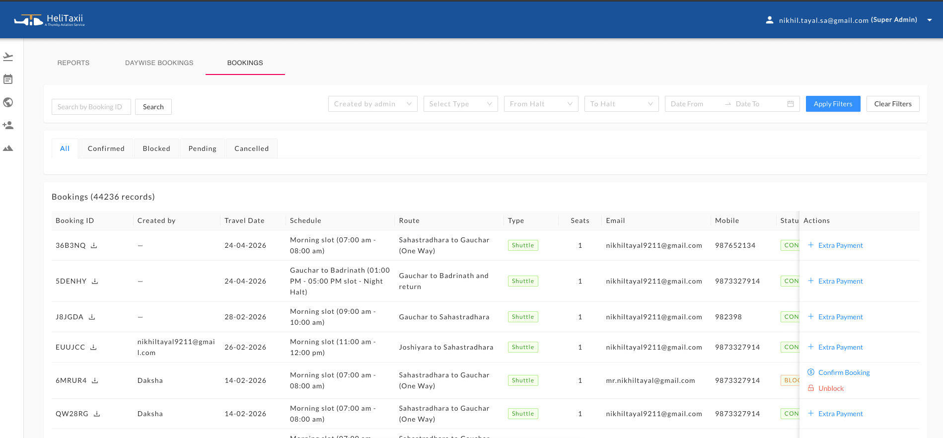 Helitaxii admin — shuttle and joyride bookings list with status and passenger details