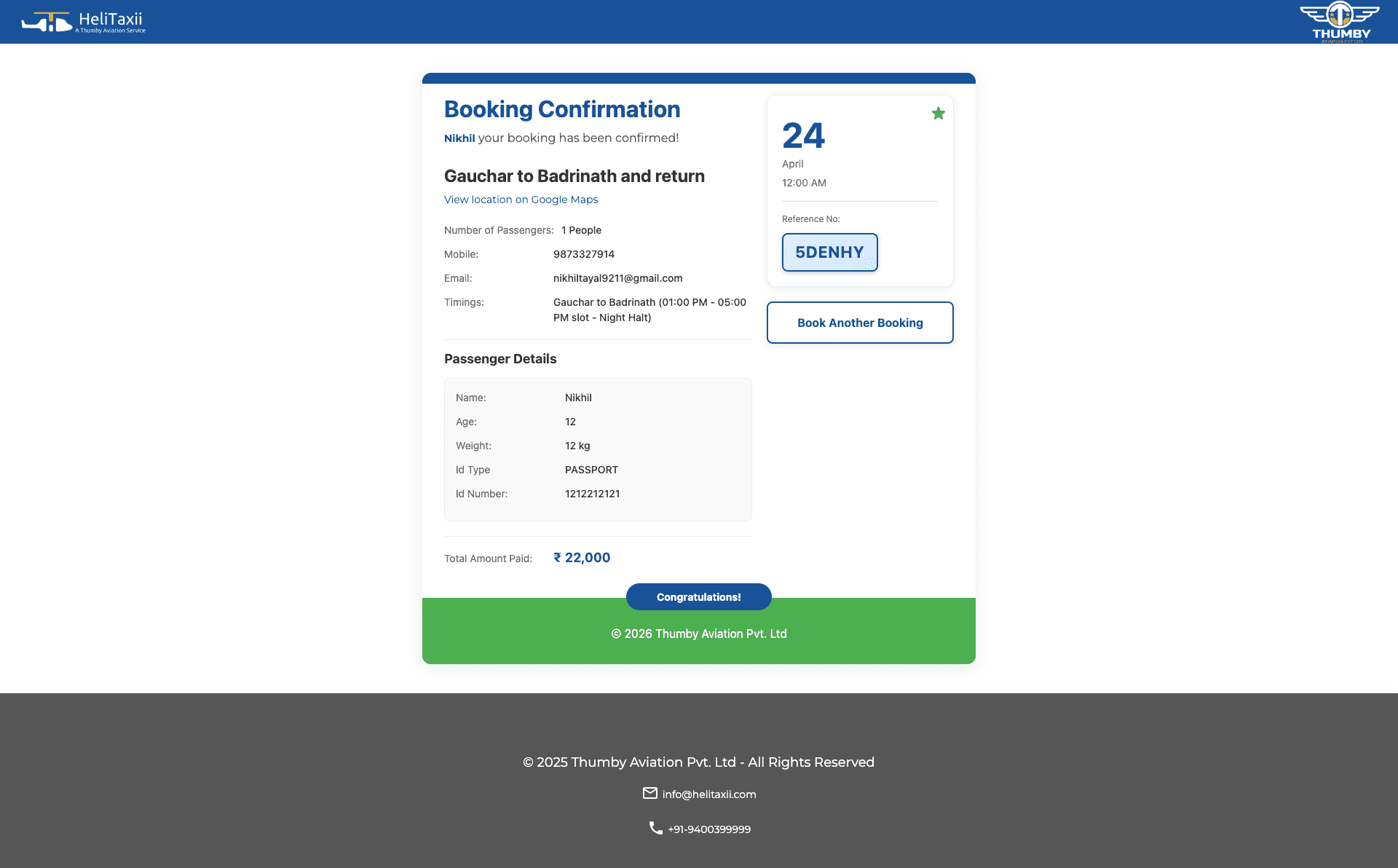 Helitaxii booking confirmation screen with reference number and passenger details
