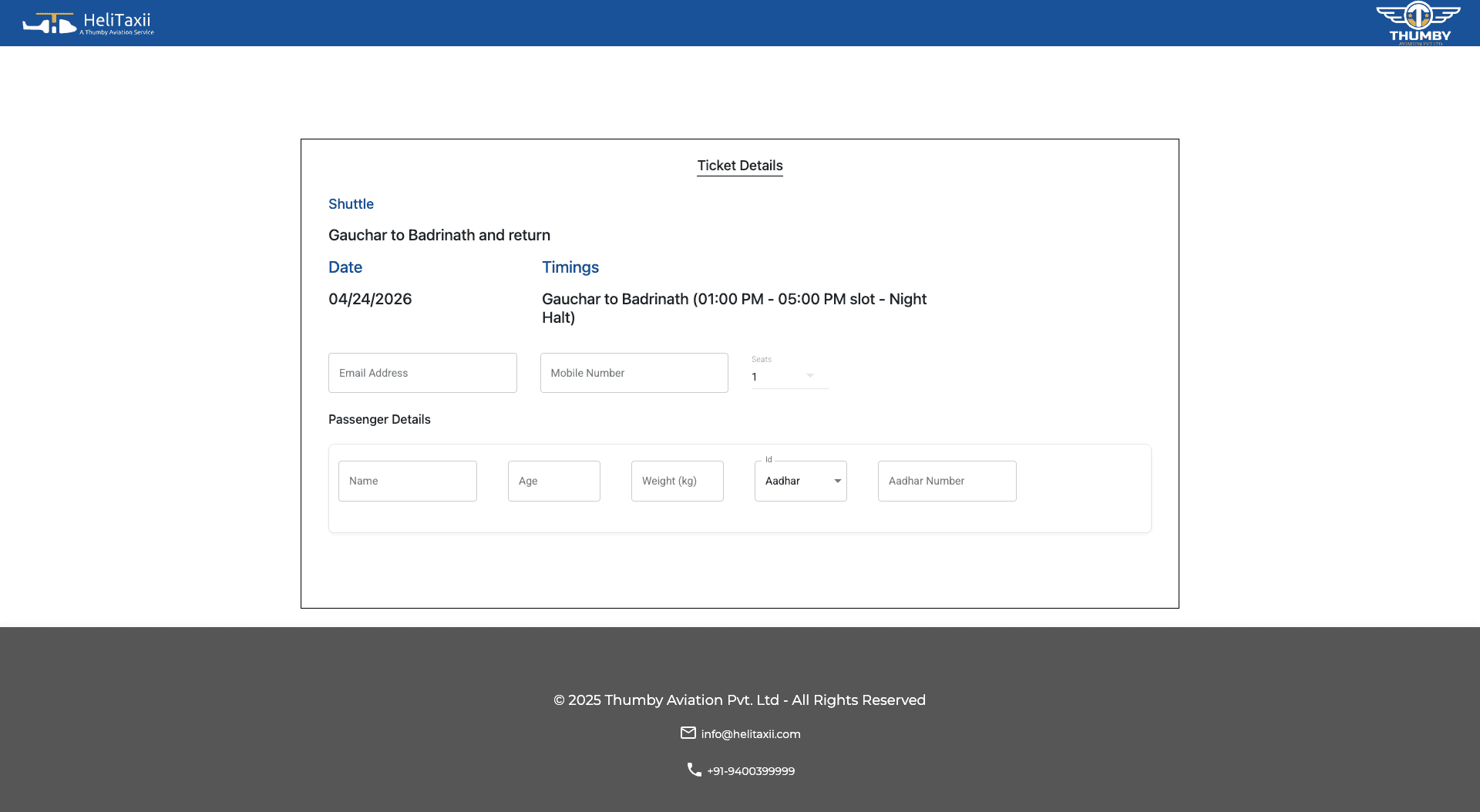 Helitaxii booking — ticket details form with passenger info fields (name, age, weight, ID)