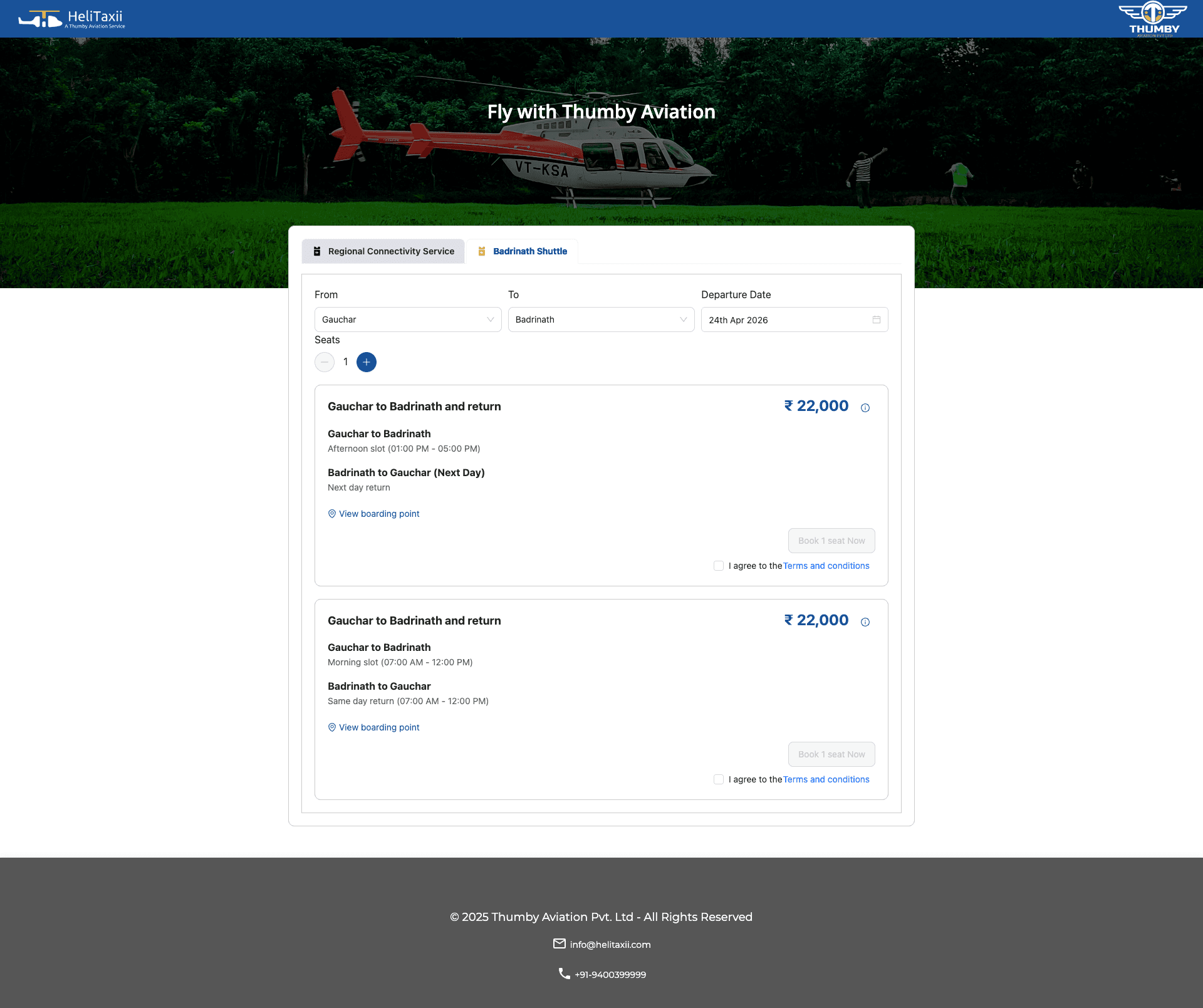 Helitaxii public booking site — shuttle route selection with available time slots and pricing