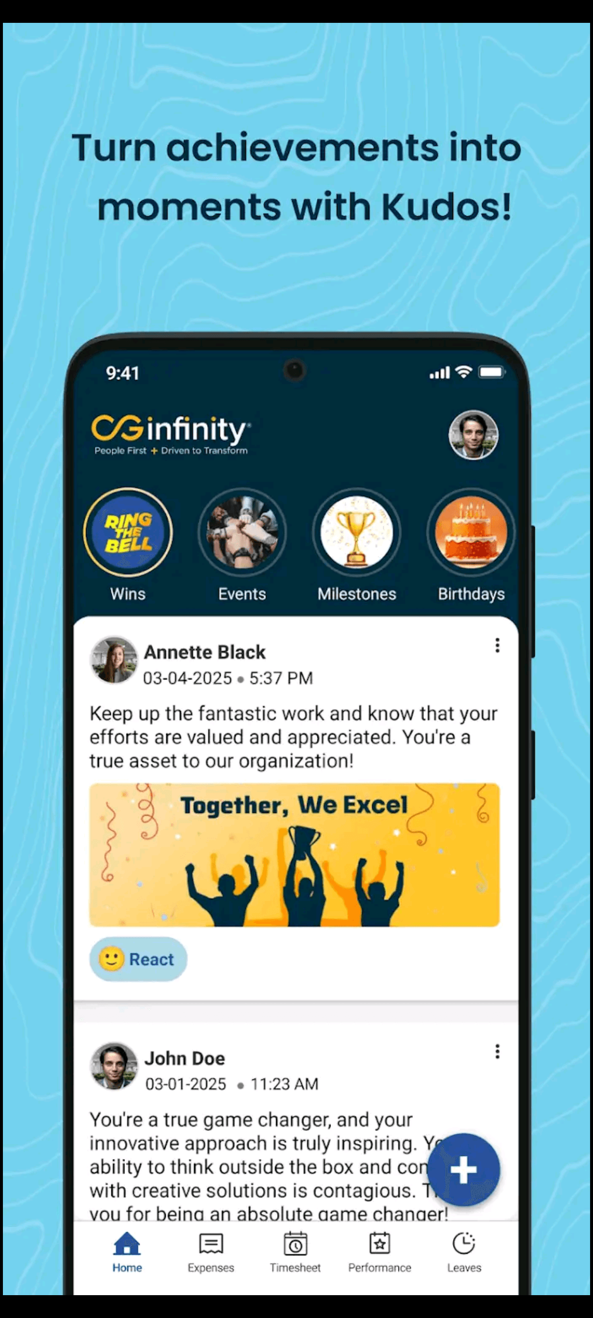 HRMS Mobile App — achievements screen showing employee recognition and badges