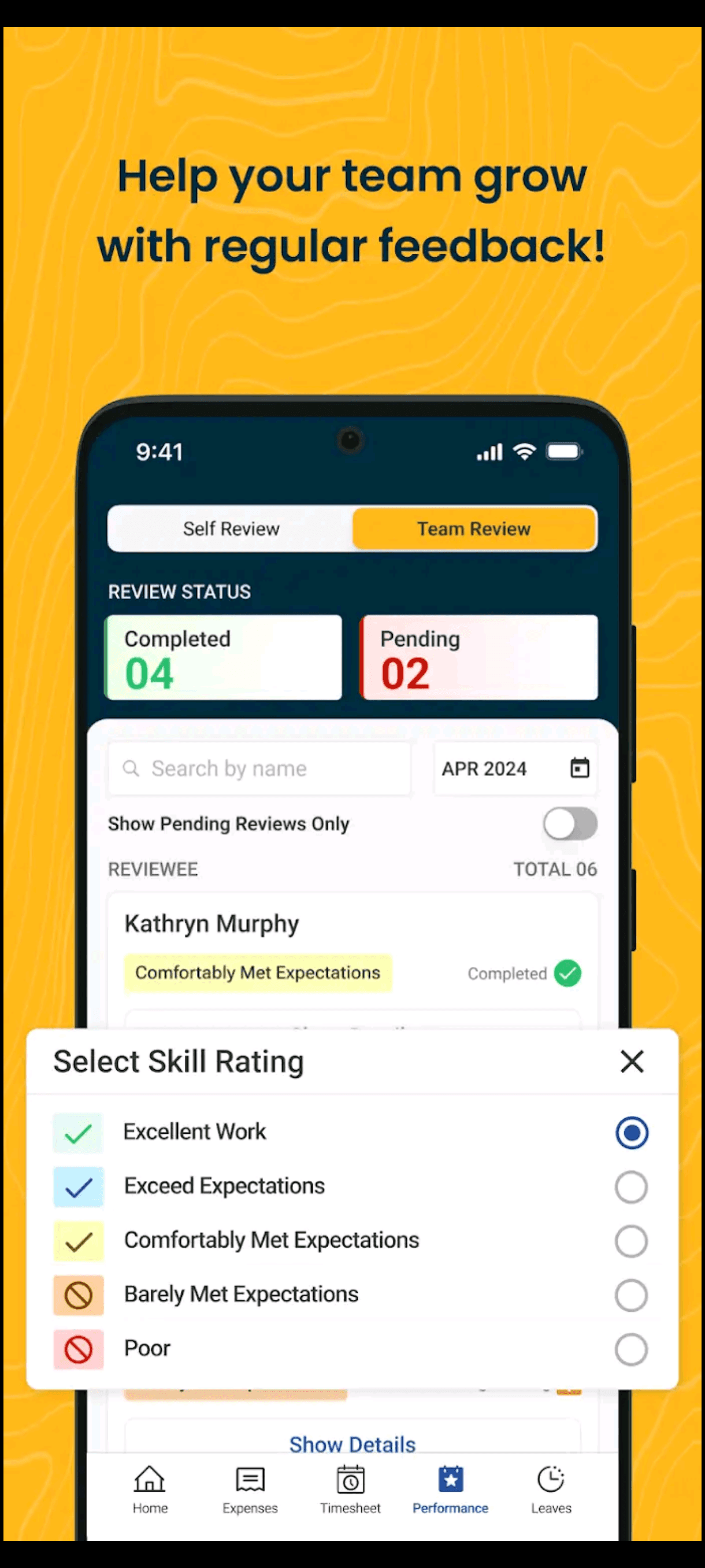 HRMS Mobile App — feedback screen for peer and manager reviews