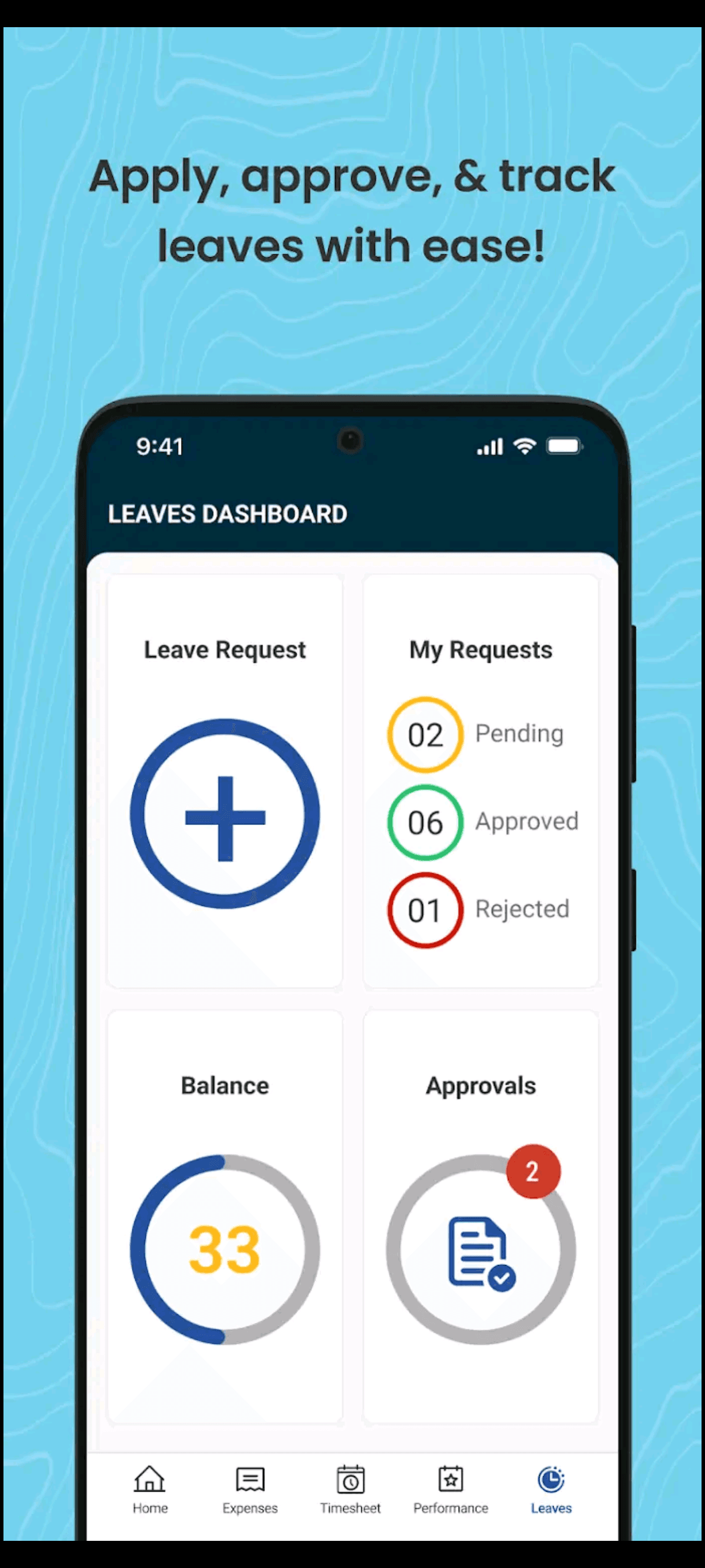 HRMS Mobile App — leave management system with leave balance and request form