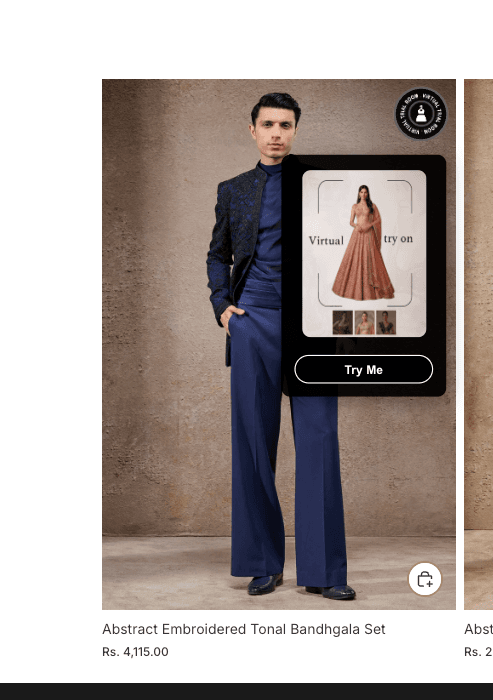 Lookify theme extension — Try On button embedded on a Shopify product page, opening a full-screen modal for shoppers to upload a photo