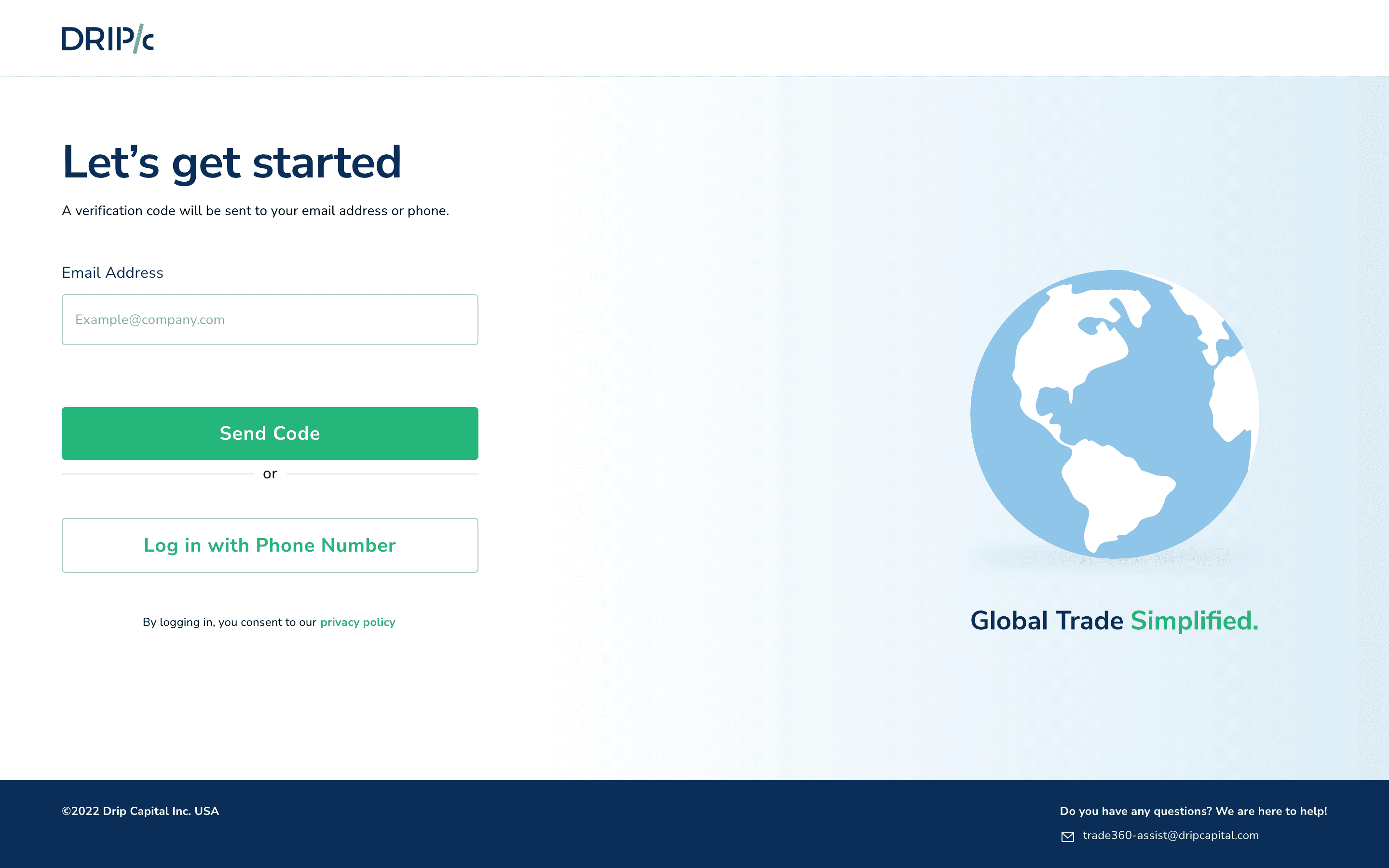 Trade360 login screen — email / phone auth flow with 'Global Trade Simplified' branding