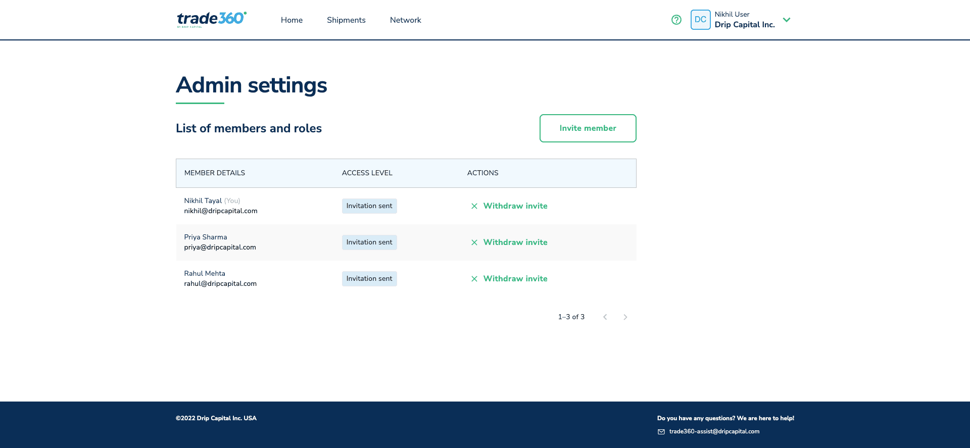 Trade360 admin settings — list of members and roles with invite member action and withdraw invite controls