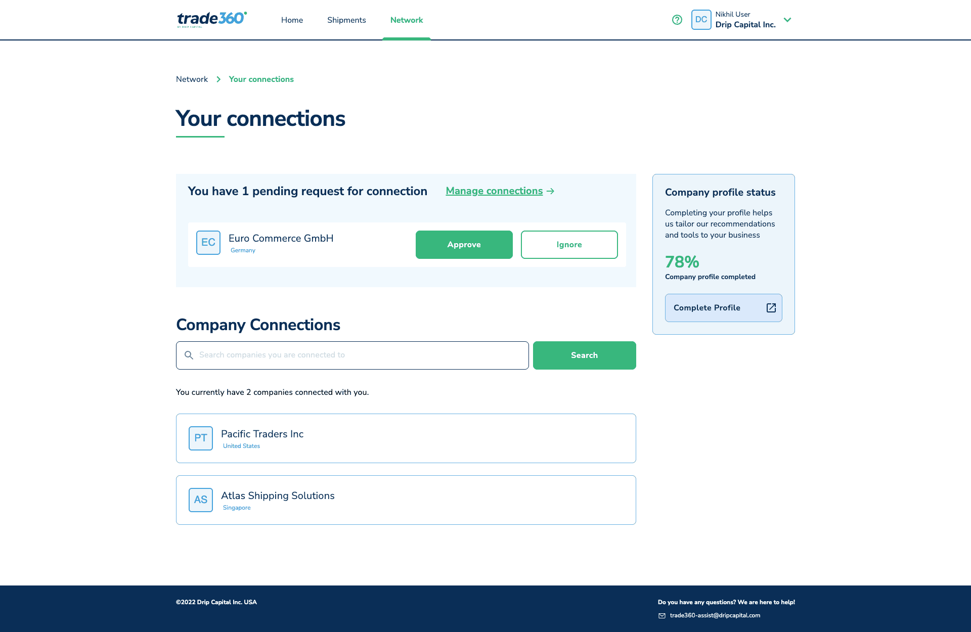 Trade360 connections — pending connection request from Euro Commerce GmbH with approve / ignore actions, 2 existing company connections