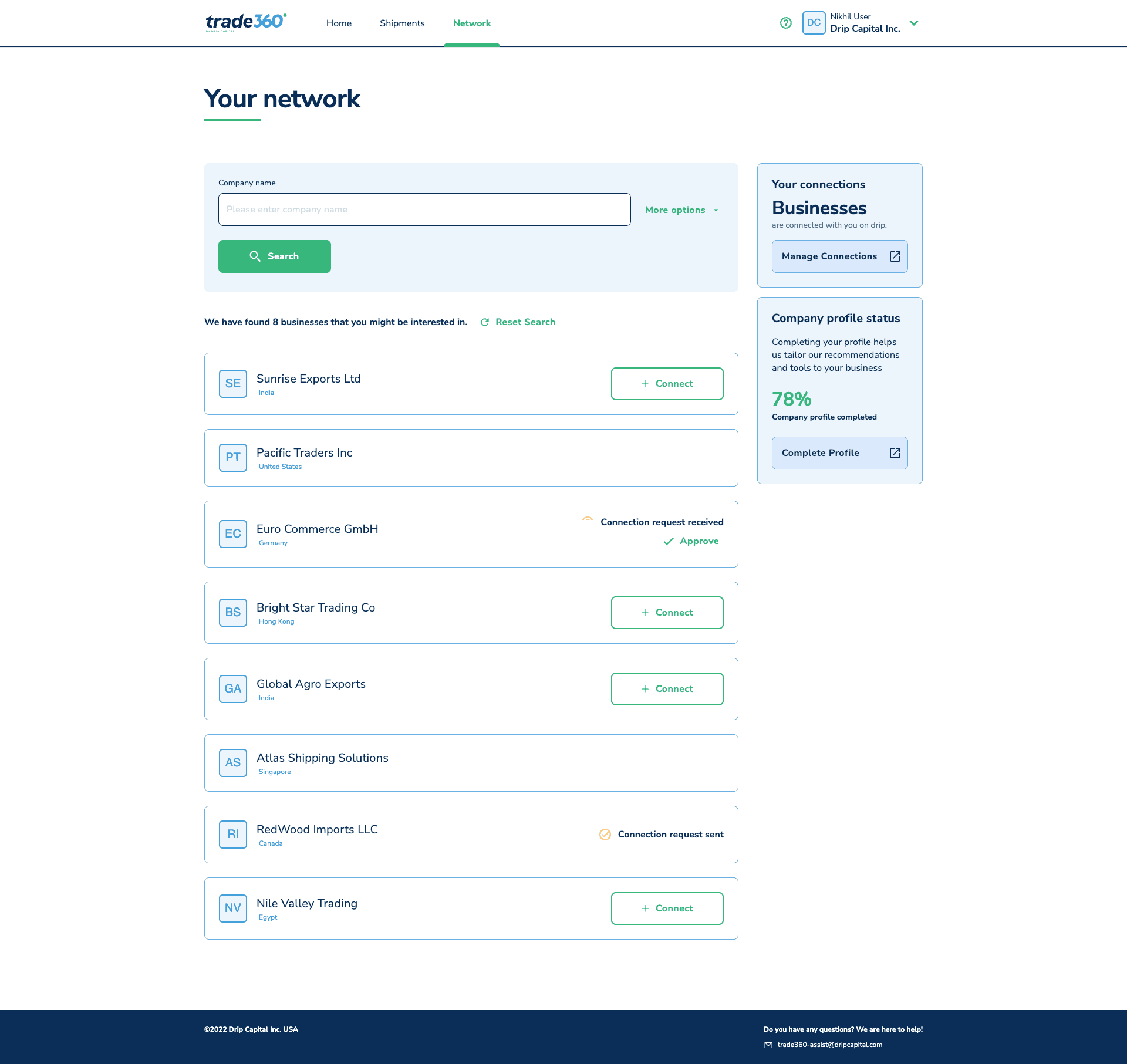 Trade360 network — discover 8 matching businesses with connect / approve actions, connection request states and company profile completion nudge