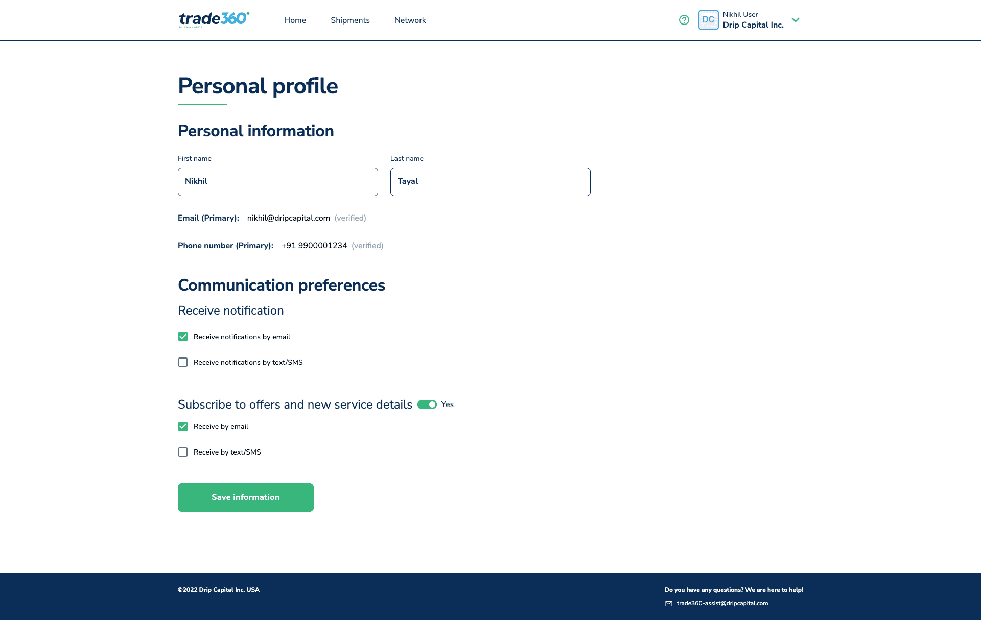 Trade360 personal profile — name, email, phone and communication preferences with notification channel toggles